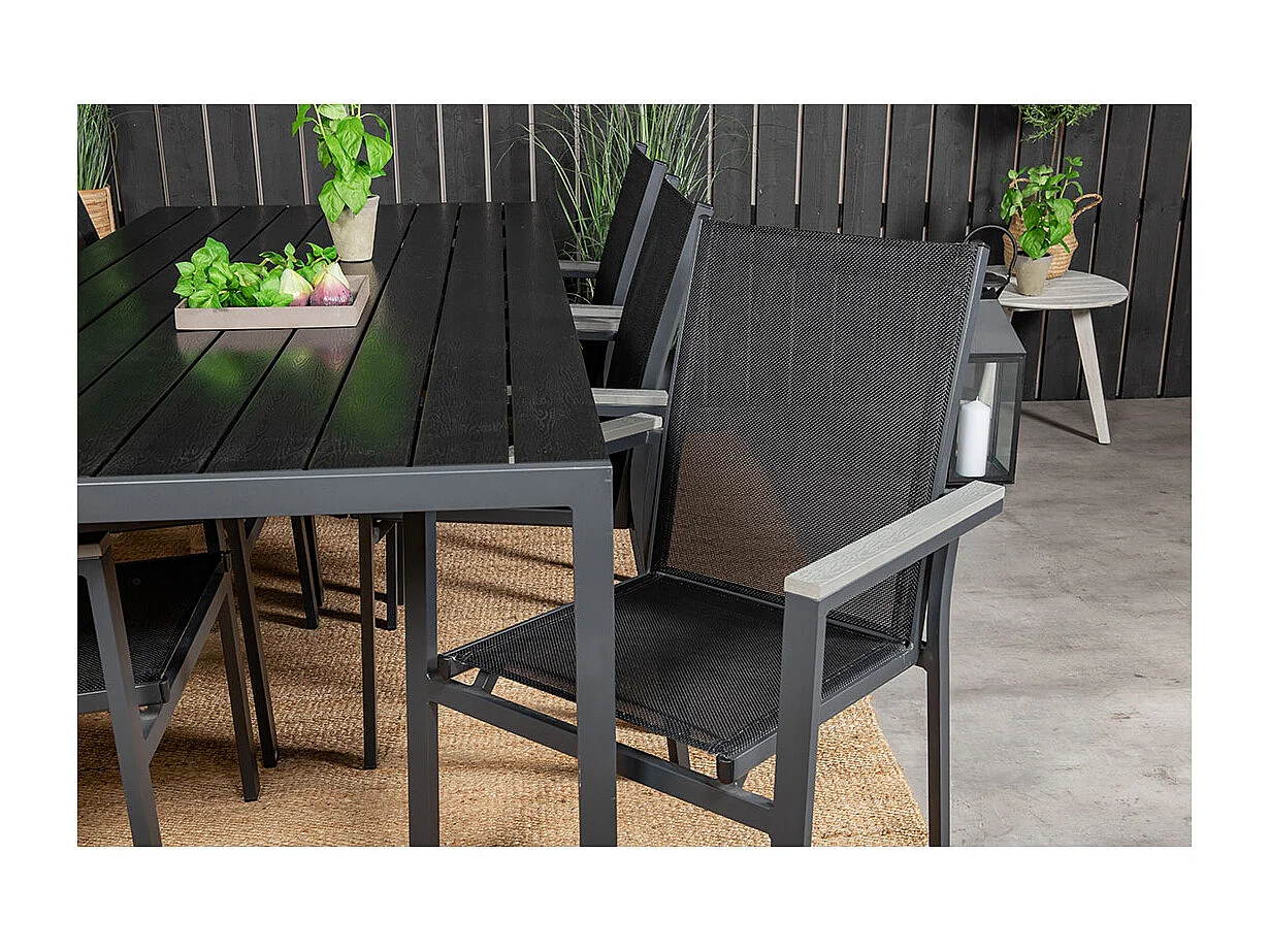 Break tuinmeubelset tafel 90x205cm zwart, 6 stoelen zwart.