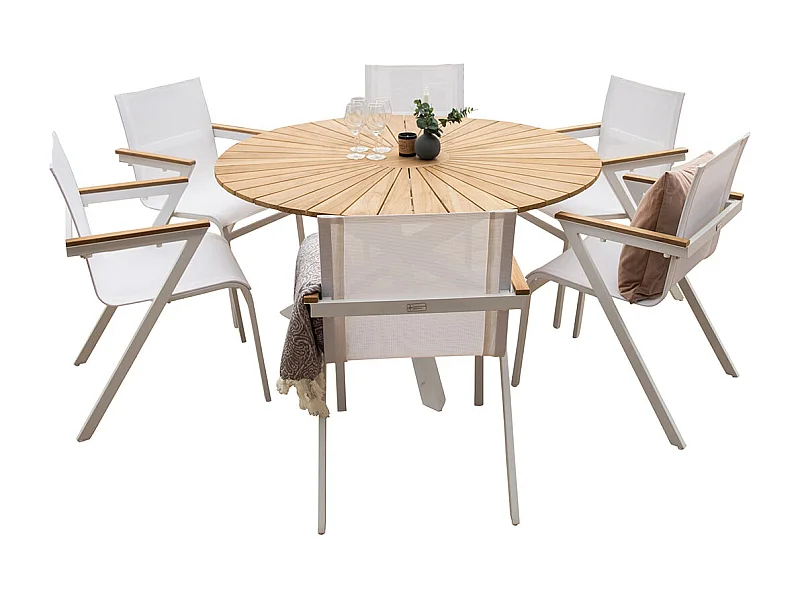 Mexico set de jardin table Ø140cm naturel, 6 chaises blanches.
