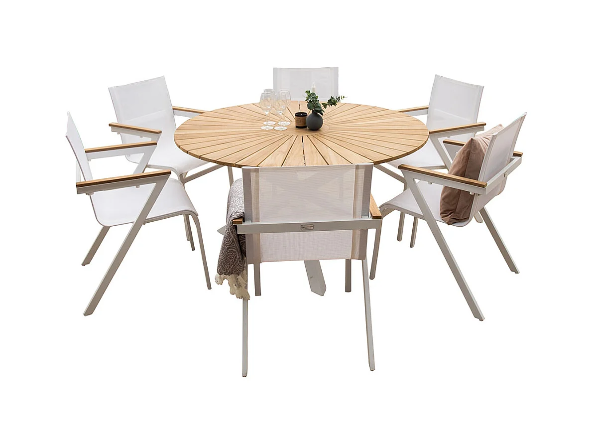 Mexico set de jardin table Ø140cm naturel, 6 chaises blanches.