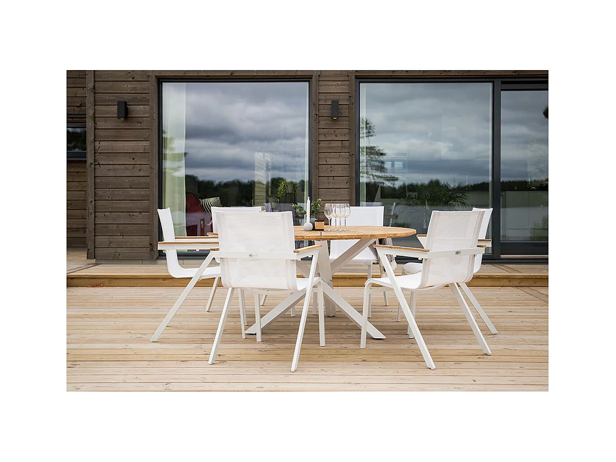 Mexico set de jardin table Ø140cm naturel, 6 chaises blanches.