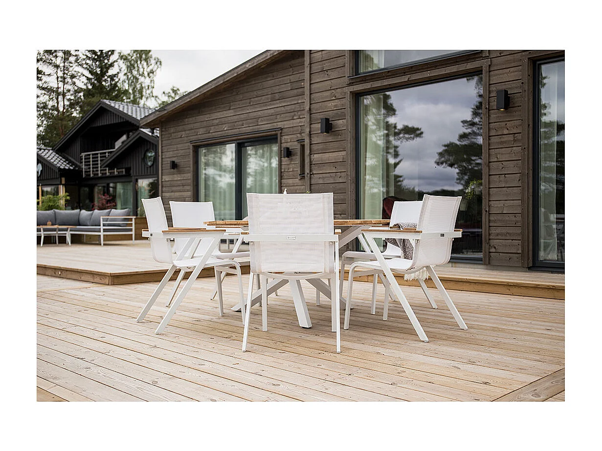 Mexico set de jardin table Ø140cm naturel, 6 chaises blanches.