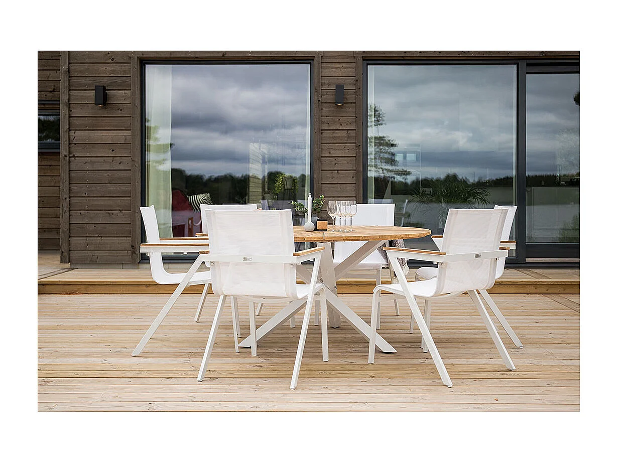 Mexico set de jardin table Ø140cm naturel, 6 chaises blanches.