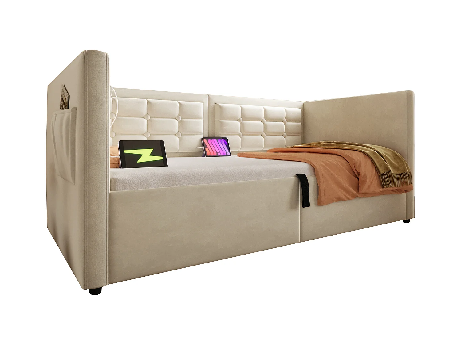 Sofa tapicerowana rozkładana - 90 x 200 cm - z hydraulicznym schowkiem + USB i Type-C - welur - beż