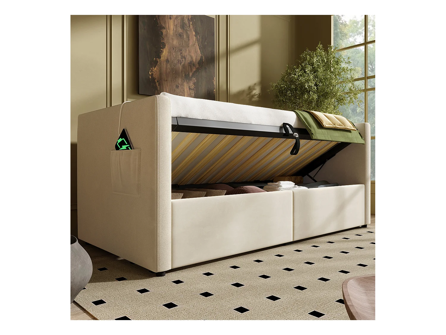 Sofa tapicerowana rozkładana - 90 x 200 cm - z hydraulicznym schowkiem + USB i Type-C - welur - beż