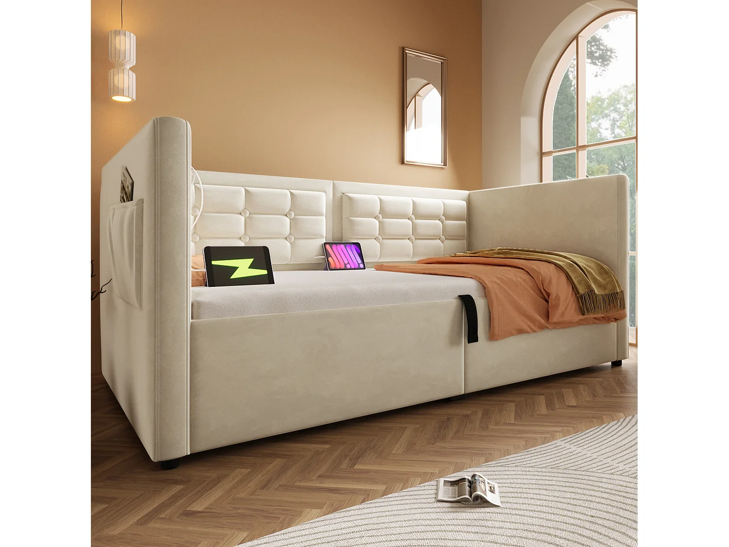 Canapé-lit capitonné - 90 x 200 cm - avec rangement hydraulique + USB & Type-C - velours - beige