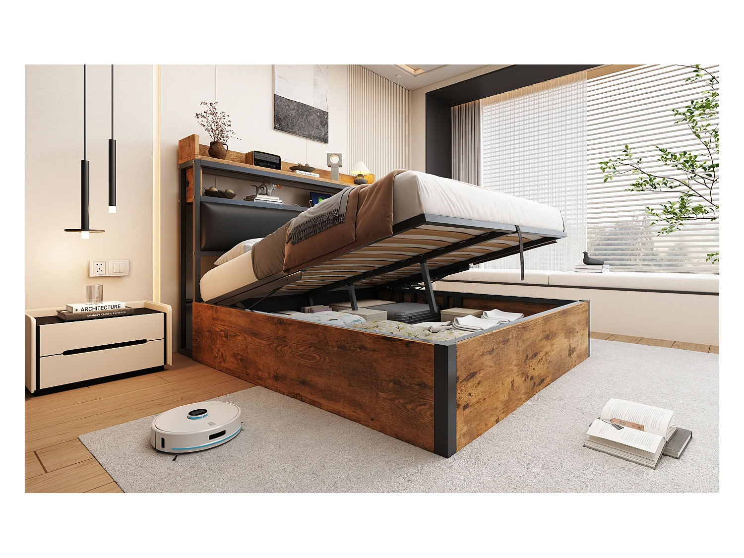 Vintage opbergbed - 140 x 200 - met USB + gestoffeerd hoofdbord met opbergruimte - Metaal + stof + MDF - zwart