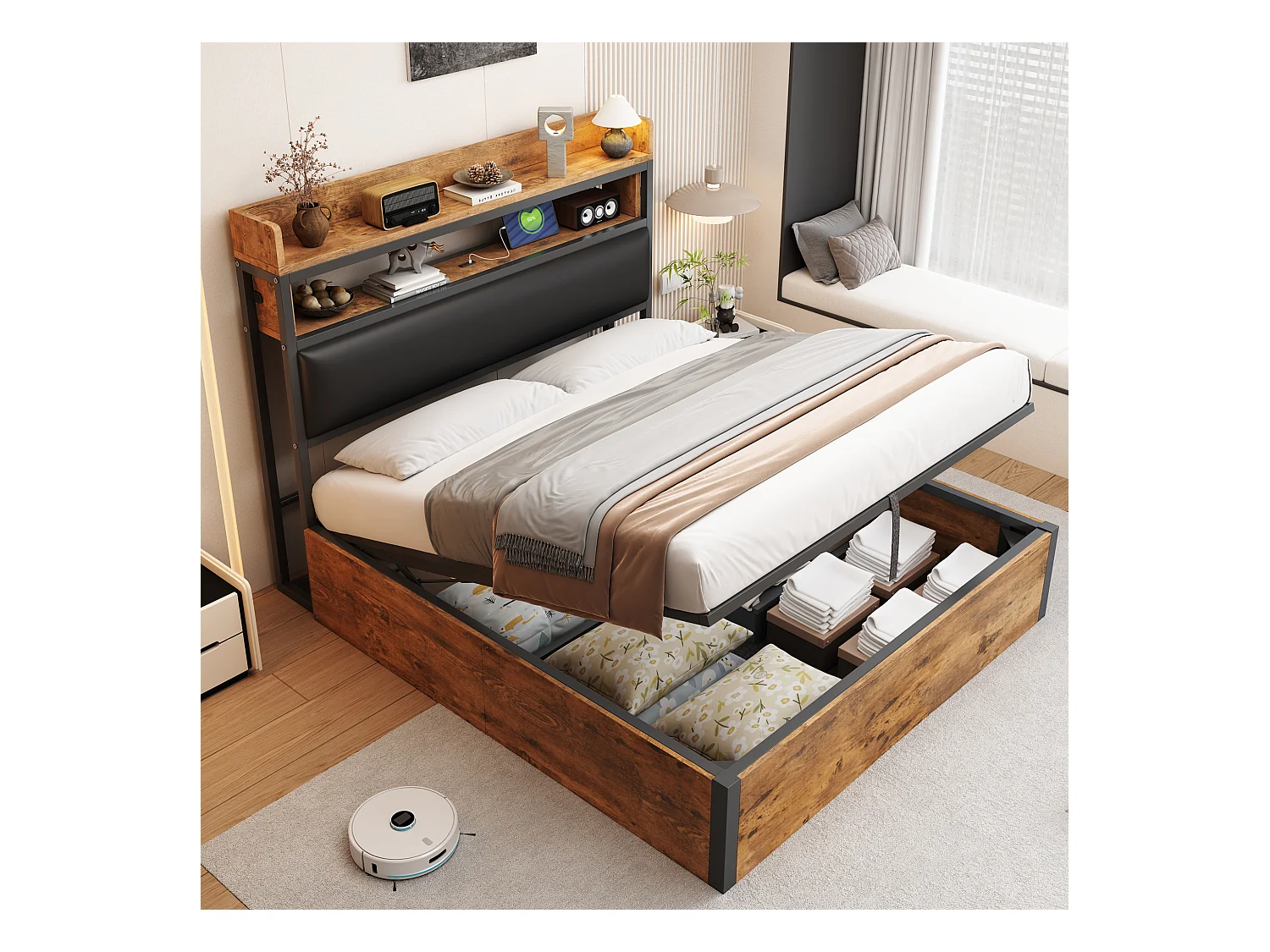 Cama vintage con almacenaje - 140x200 - con USB + cabecero tapizado con almacenaje - Metal + tela + MDF - negro
