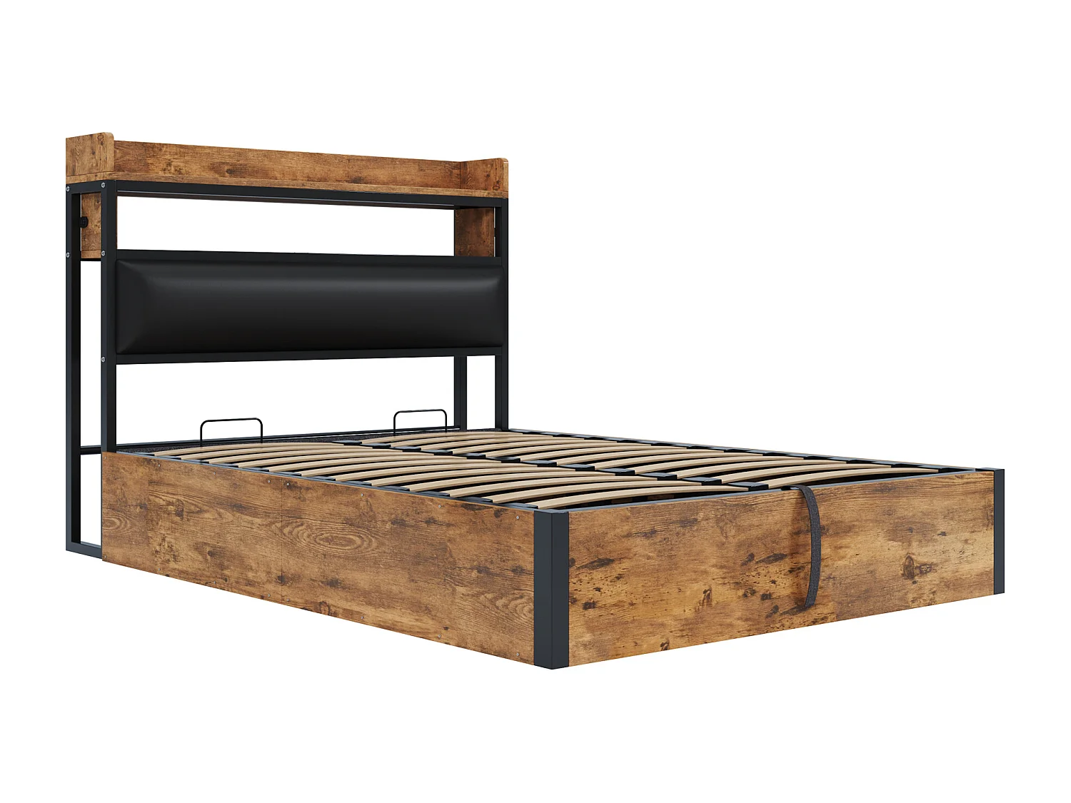 Letto contenitore vintage - 140 x 200 - con USB + testiera imbottita con contenitore - Metallo + tessuto + MDF - nero