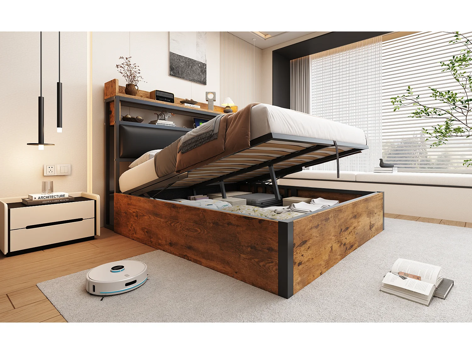 Letto contenitore vintage - 140 x 200 - con USB + testiera imbottita con contenitore - Metallo + tessuto + MDF - nero