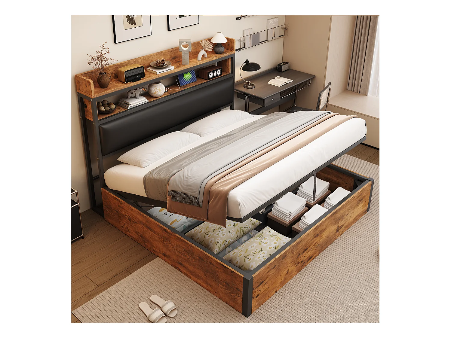 Vintage opbergbed - 180 x 200 - met USB + gestoffeerd hoofdbord met opbergruimte - Metaal + stof + MDF - zwart