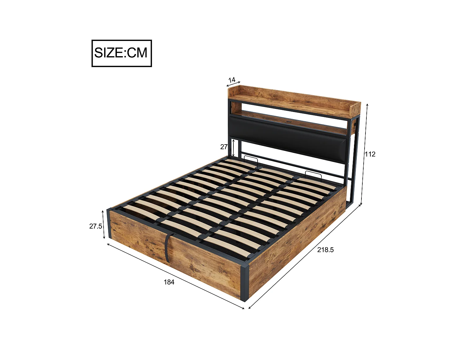 Vintage opbergbed - 180 x 200 - met USB + gestoffeerd hoofdbord met opbergruimte - Metaal + stof + MDF - zwart