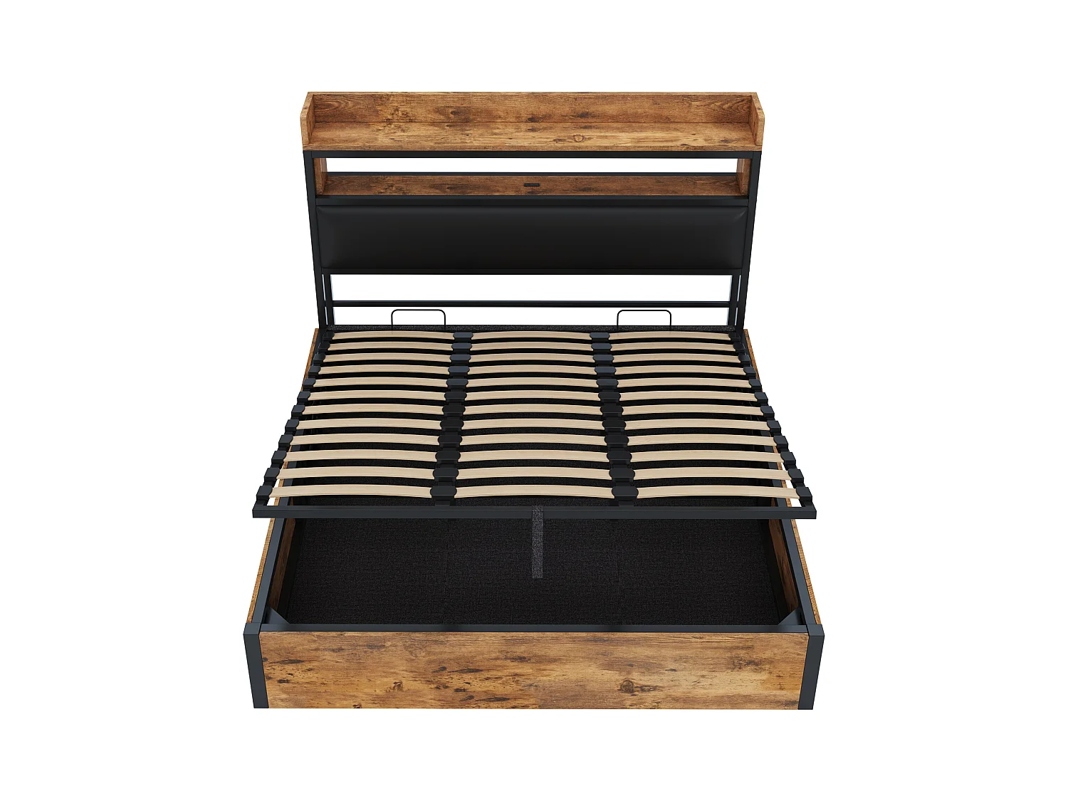 Vintage opbergbed - 180 x 200 - met USB + gestoffeerd hoofdbord met opbergruimte - Metaal + stof + MDF - zwart