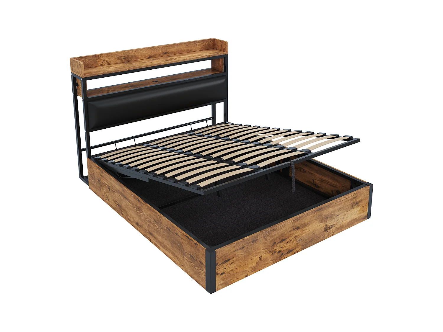 Vintage opbergbed - 180 x 200 - met USB + gestoffeerd hoofdbord met opbergruimte - Metaal + stof + MDF - zwart