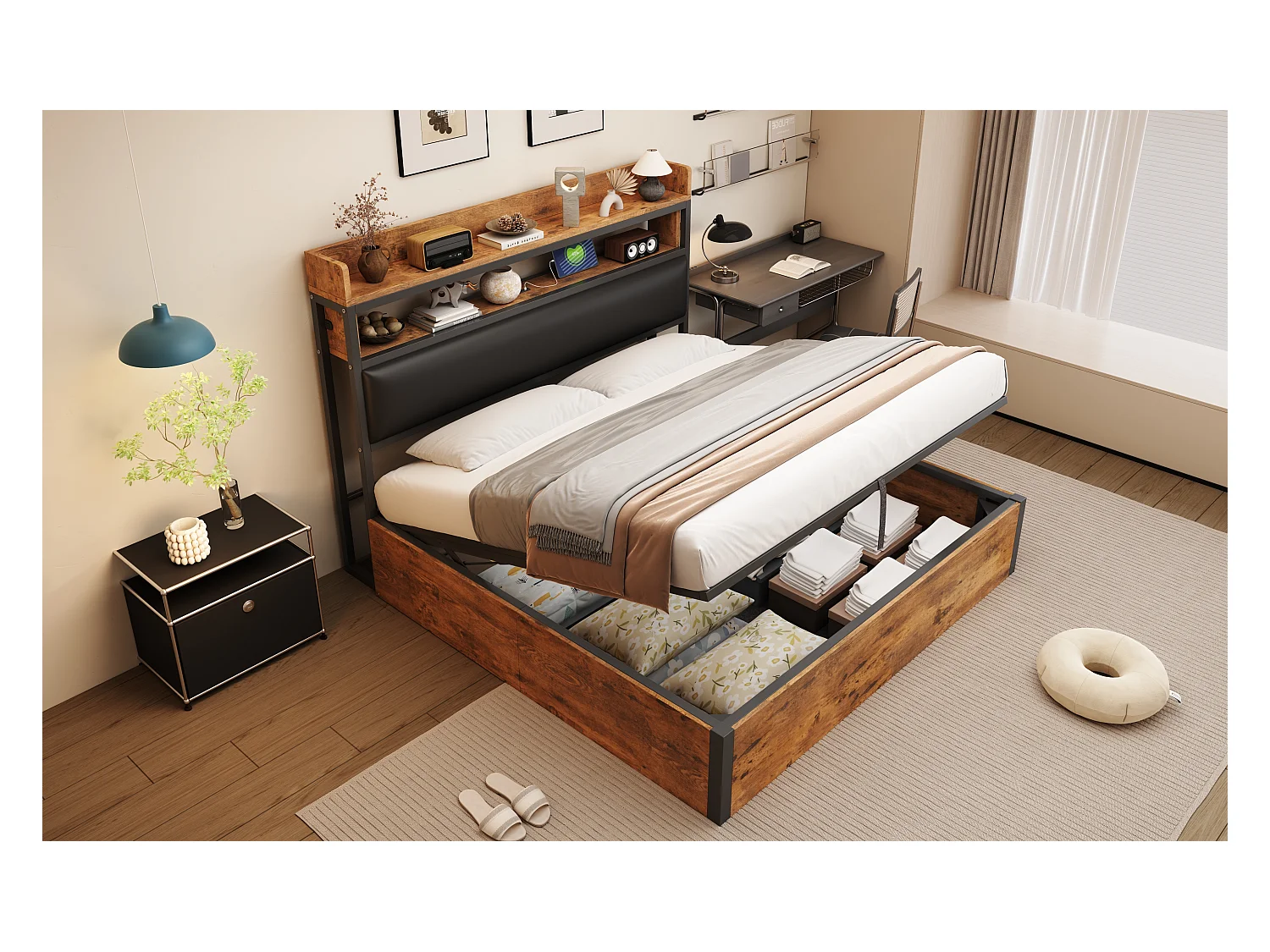 Vintage opbergbed - 180 x 200 - met USB + gestoffeerd hoofdbord met opbergruimte - Metaal + stof + MDF - zwart