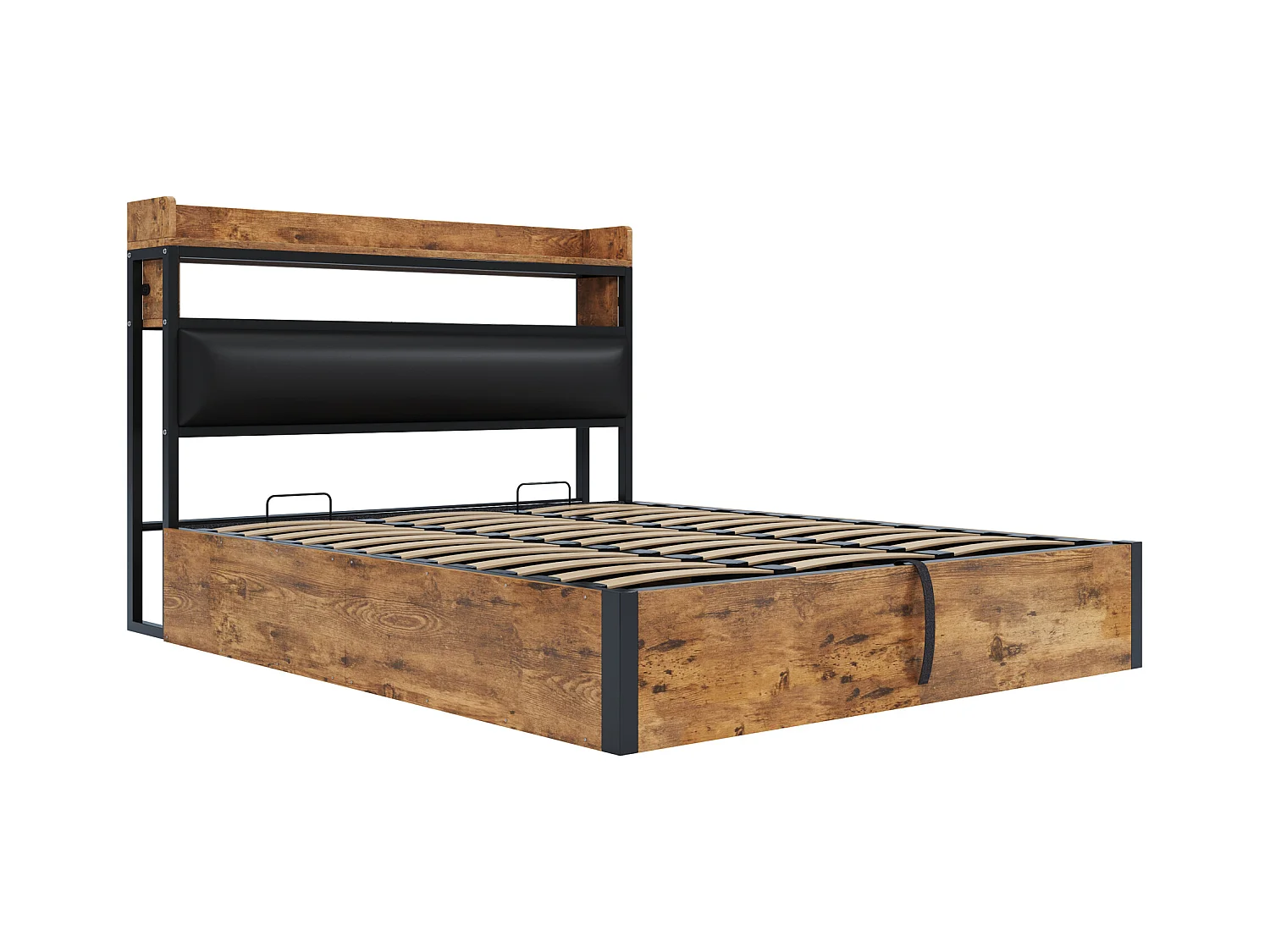 Vintage opbergbed - 180 x 200 - met USB + gestoffeerd hoofdbord met opbergruimte - Metaal + stof + MDF - zwart