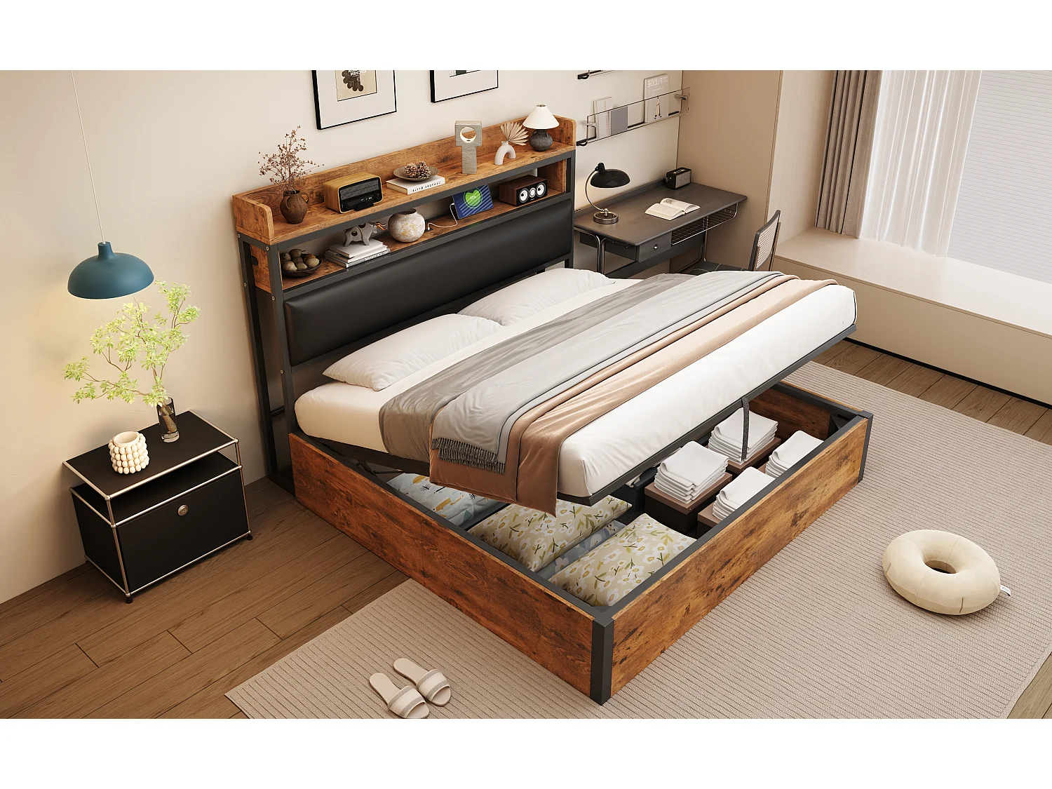 Letto contenitore vintage - 180 x 200 - con USB + testiera imbottita con contenitore - Metallo + tessuto + MDF - nero