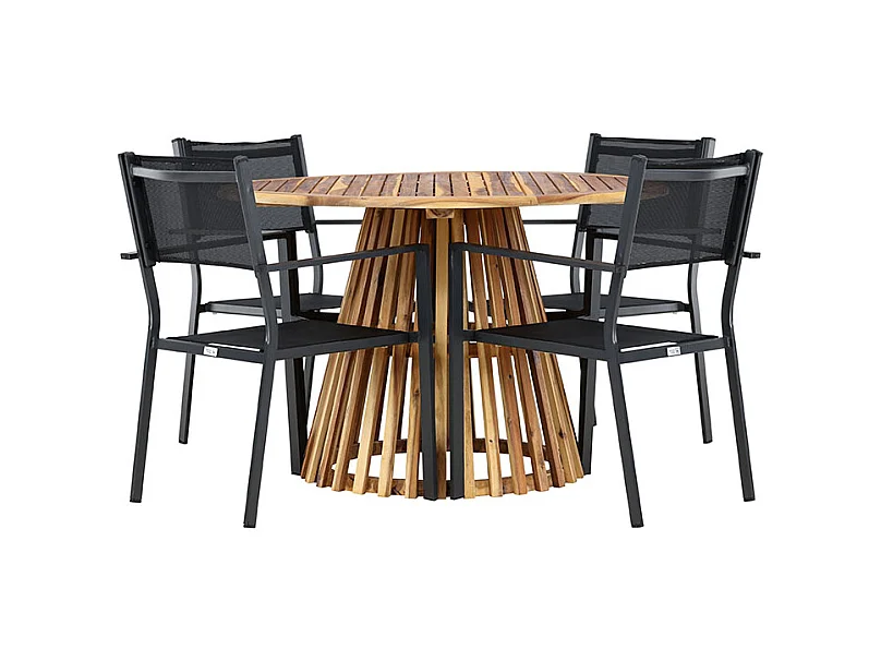 Lumpur set de jardin table Ø120cm naturel, 4 chaises noires.