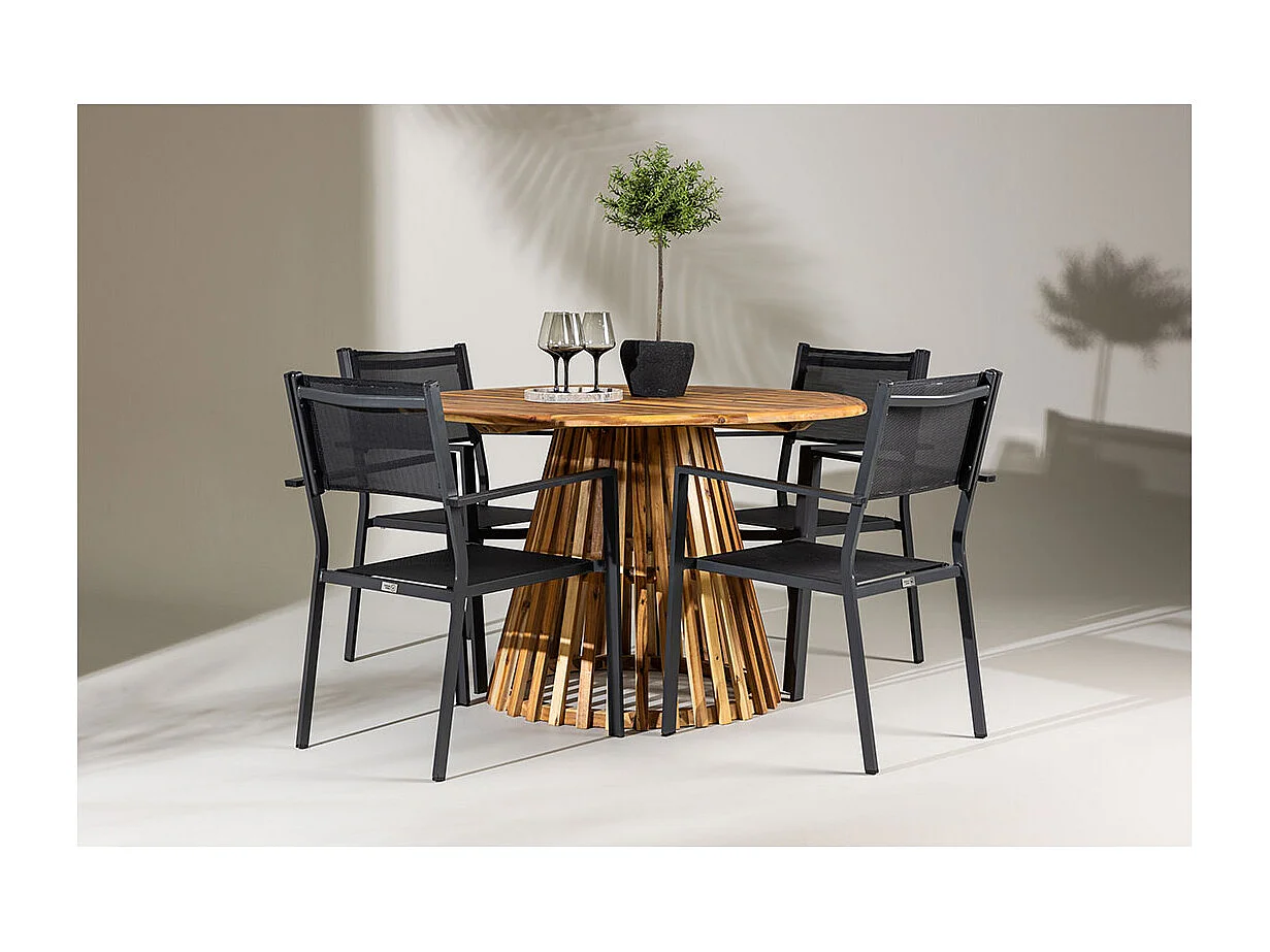 Lumpur set de jardin table Ø120cm naturel, 4 chaises noires.