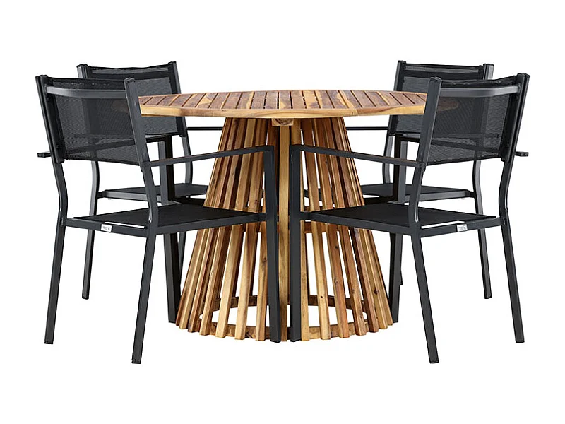 Lumpur set de jardin table Ø120cm naturel, 4 chaises noires.