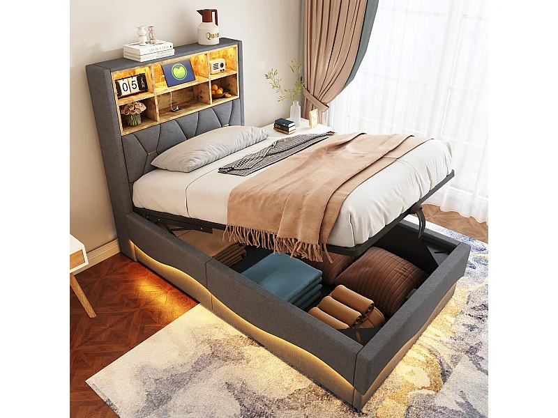 Letto contenitore per bambini - 90 x 200 cm - contenitore idraulico - con LED + USB - Lino + Metallo + Compensato + MDF - grigio