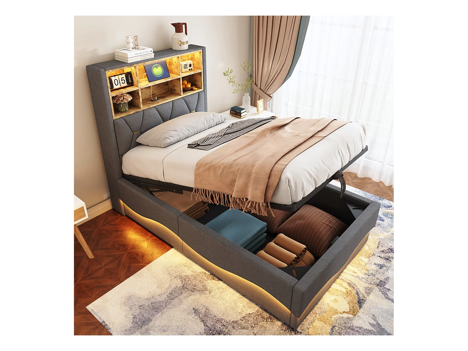 Letto contenitore per bambini - 90 x 200 cm - contenitore idraulico - con LED + USB - Lino + Metallo + Compensato + MDF - grigio