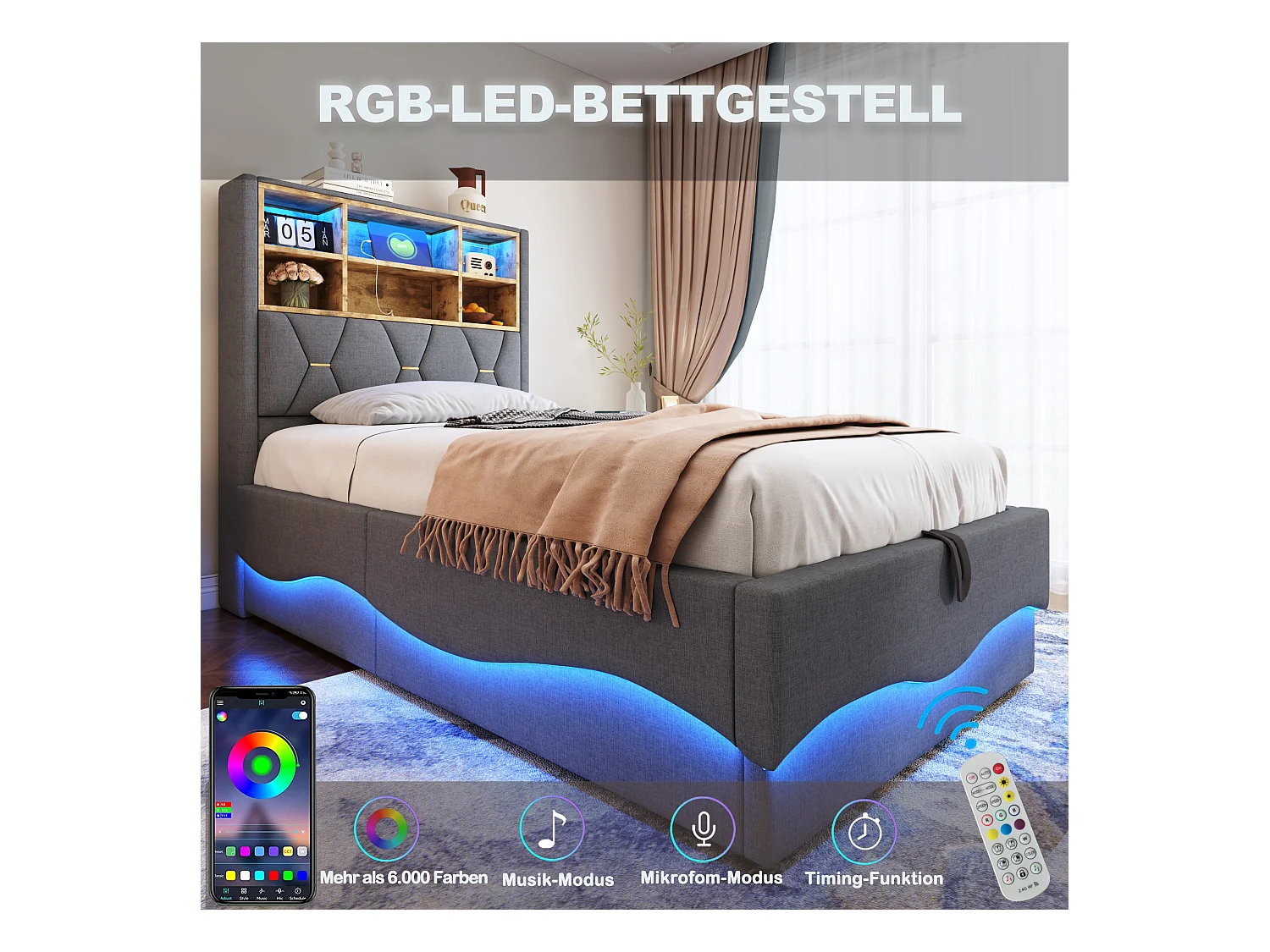 Letto contenitore per bambini - 90 x 200 cm - contenitore idraulico - con LED + USB - Lino + Metallo + Compensato + MDF - grigio