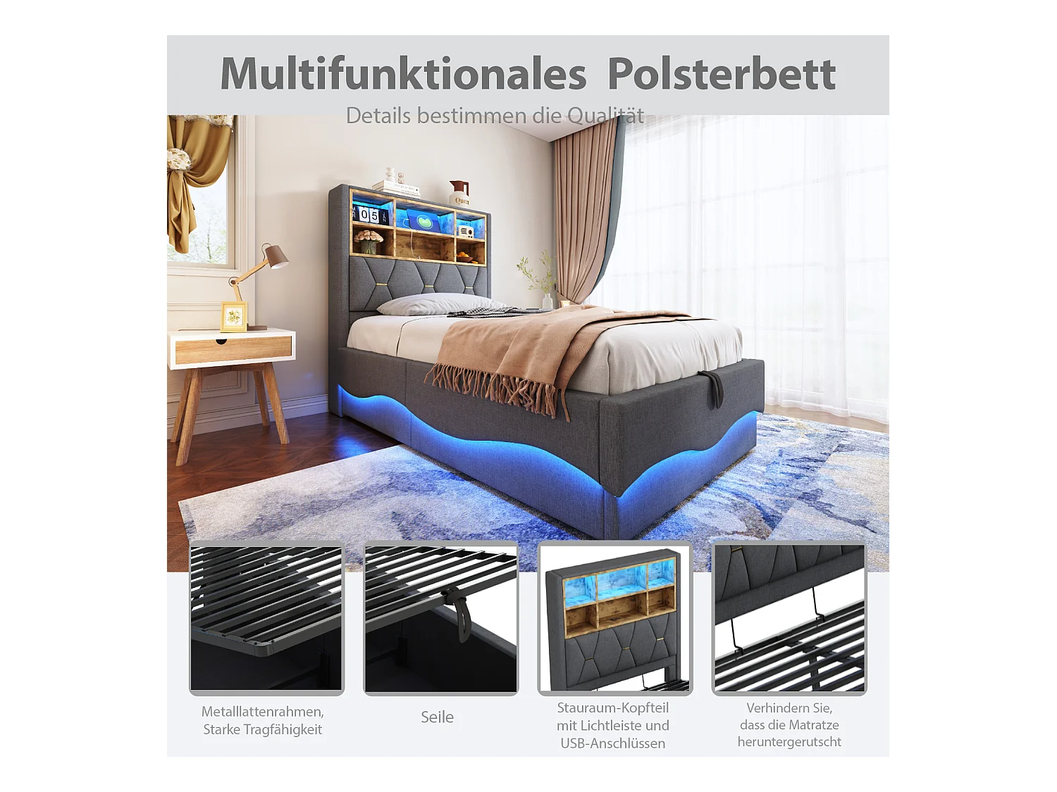 Letto contenitore per bambini - 90 x 200 cm - contenitore idraulico - con LED + USB - Lino + Metallo + Compensato + MDF - grigio