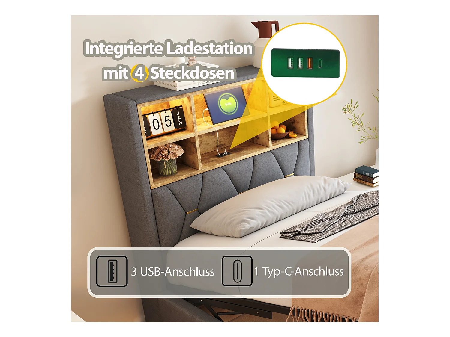Letto contenitore per bambini - 90 x 200 cm - contenitore idraulico - con LED + USB - Lino + Metallo + Compensato + MDF - grigio