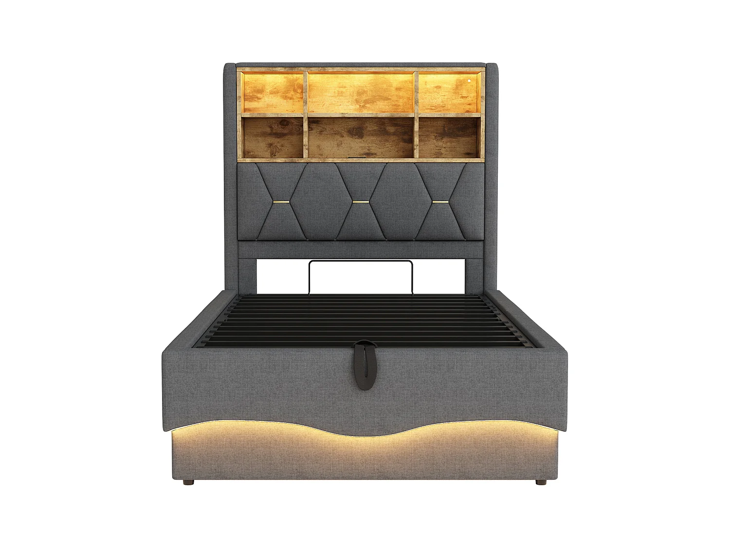 Letto contenitore per bambini - 90 x 200 cm - contenitore idraulico - con LED + USB - Lino + Metallo + Compensato + MDF - grigio