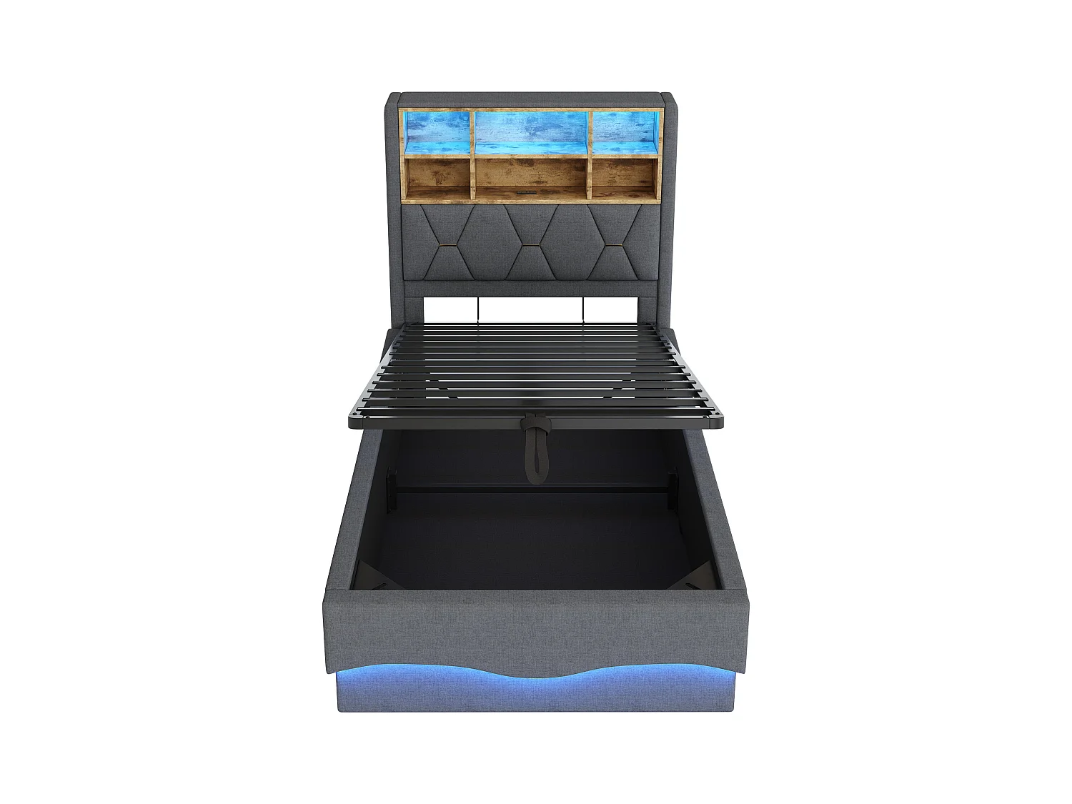 Letto contenitore per bambini - 90 x 200 cm - contenitore idraulico - con LED + USB - Lino + Metallo + Compensato + MDF - grigio