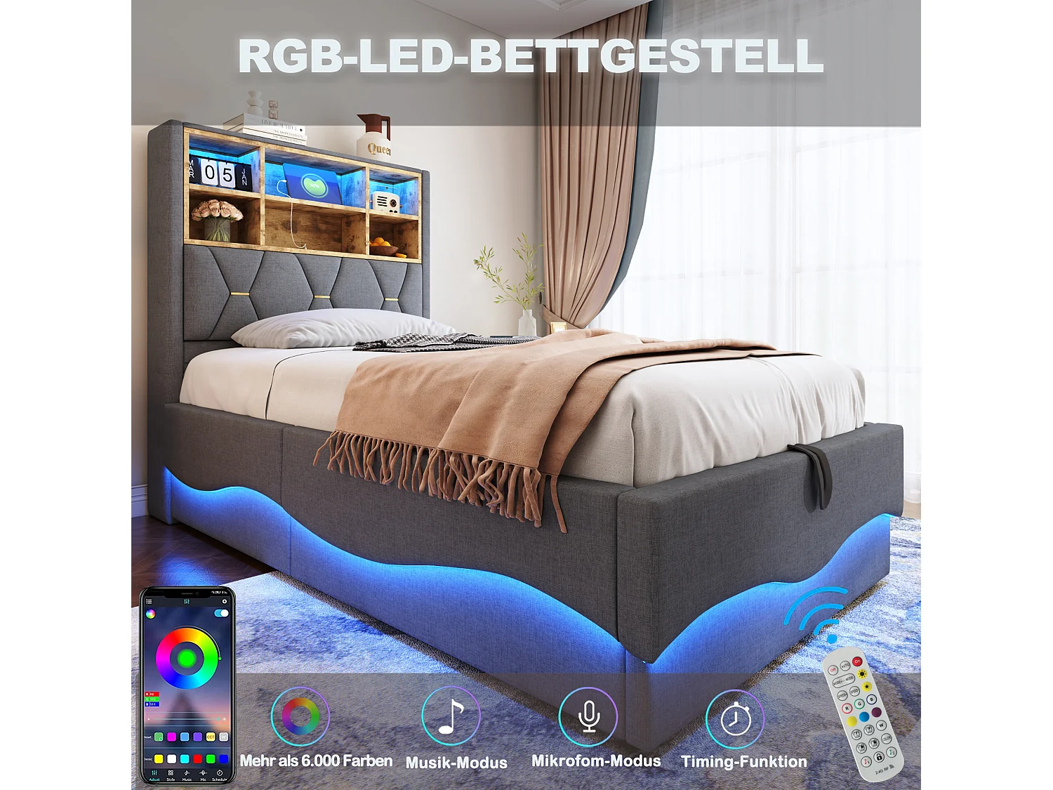 Lit coffre enfant - 90 x 200 cm - rangement hydraulique - avec Leds + USB - Lin + Métal + Contreplaqué + MDF - gris