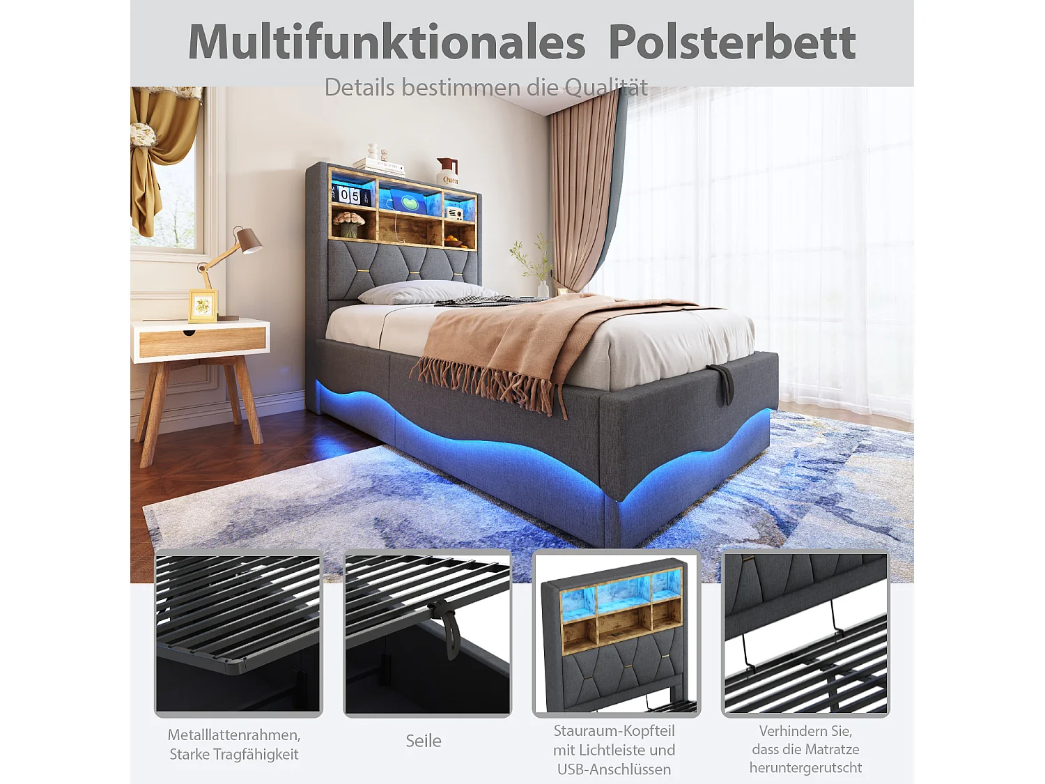 Lit coffre enfant - 90 x 200 cm - rangement hydraulique - avec Leds + USB - Lin + Métal + Contreplaqué + MDF - gris