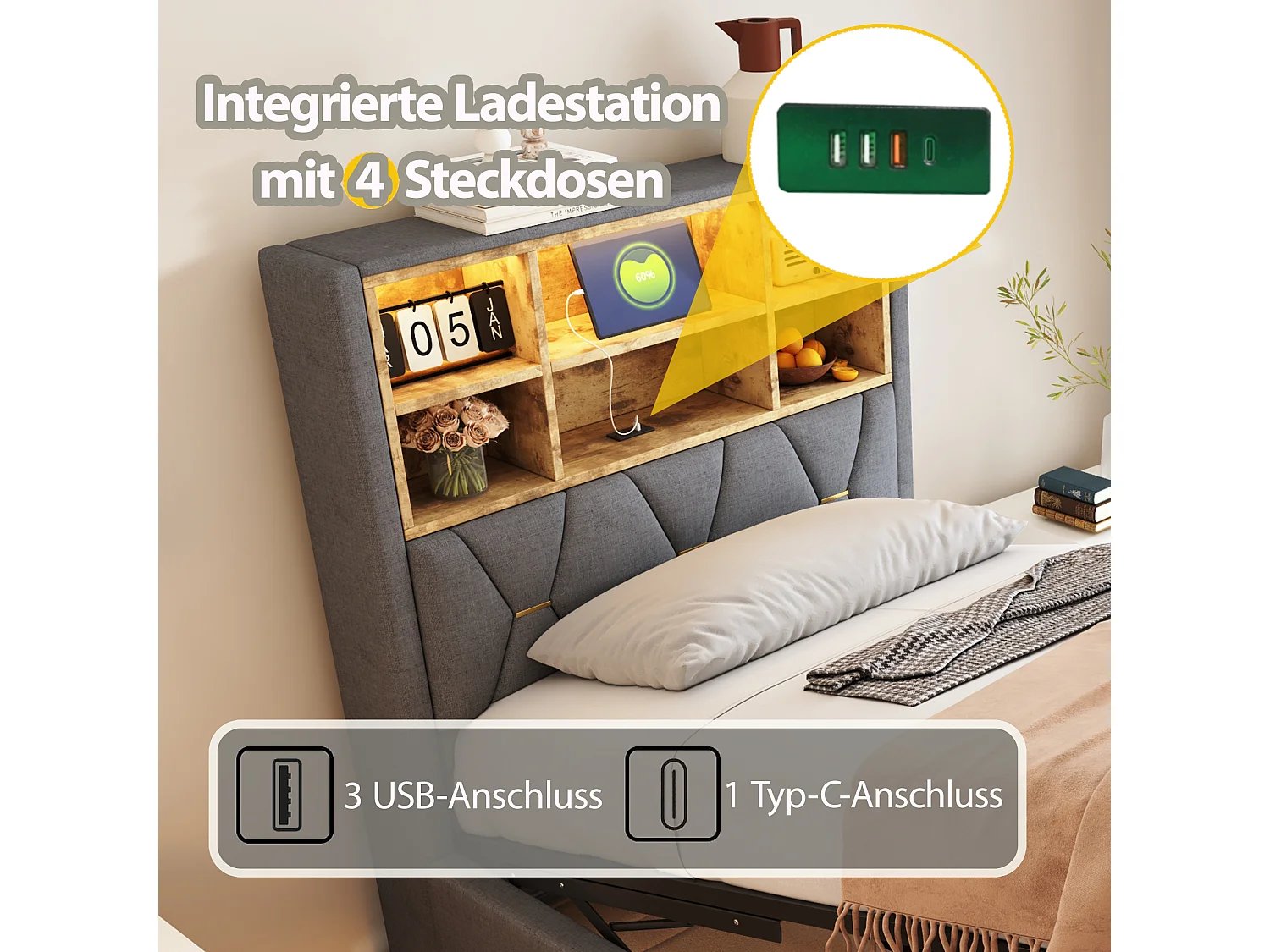 Lit coffre enfant - 90 x 200 cm - rangement hydraulique - avec Leds + USB - Lin + Métal + Contreplaqué + MDF - gris