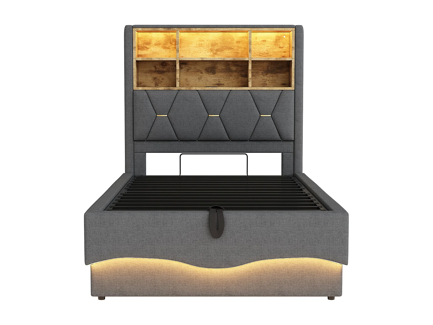 Lit coffre enfant - 90 x 200 cm - rangement hydraulique - avec Leds + USB - Lin + Métal + Contreplaqué + MDF - gris