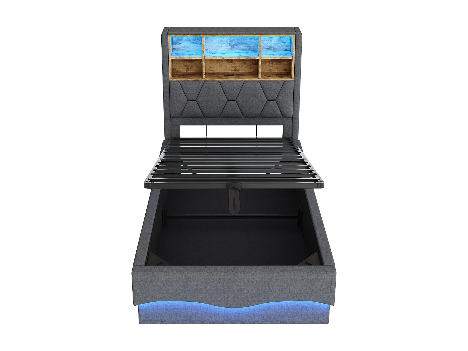 Lit coffre enfant - 90 x 200 cm - rangement hydraulique - avec Leds + USB - Lin + Métal + Contreplaqué + MDF - gris