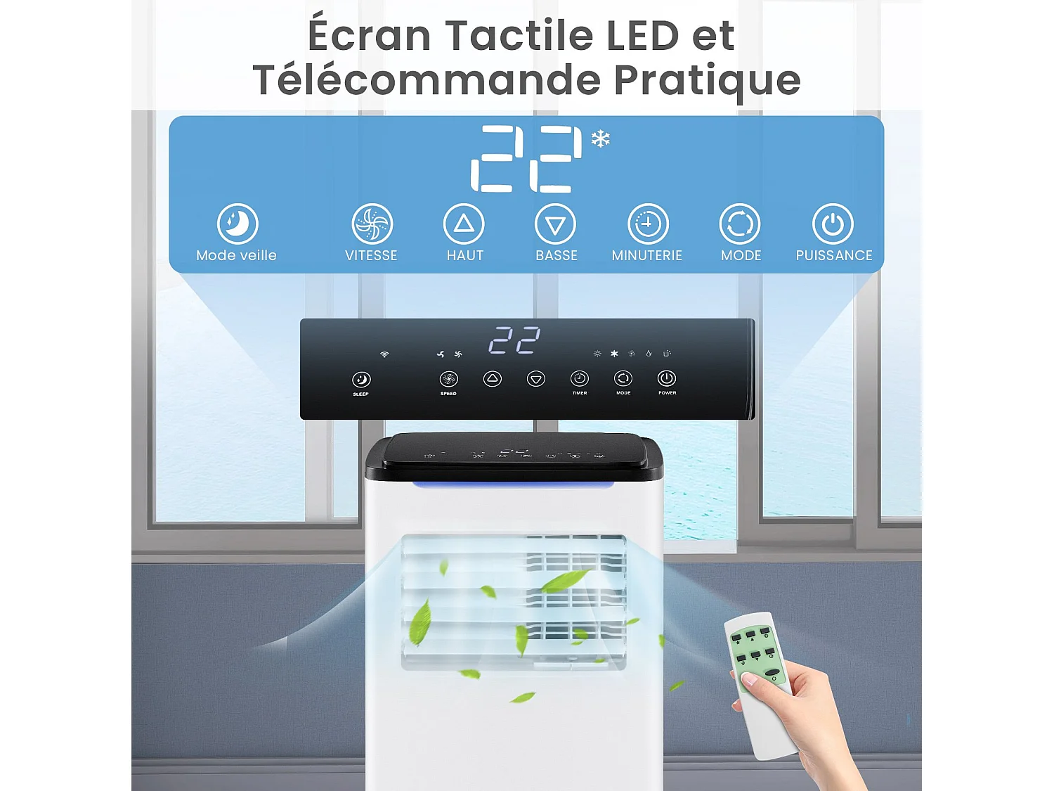 Draagbare airconditioner van 9000 BTU met ventilator, verwarming en luchtontvochtiger, app-bediening, slaapstand, 24-uurs timer