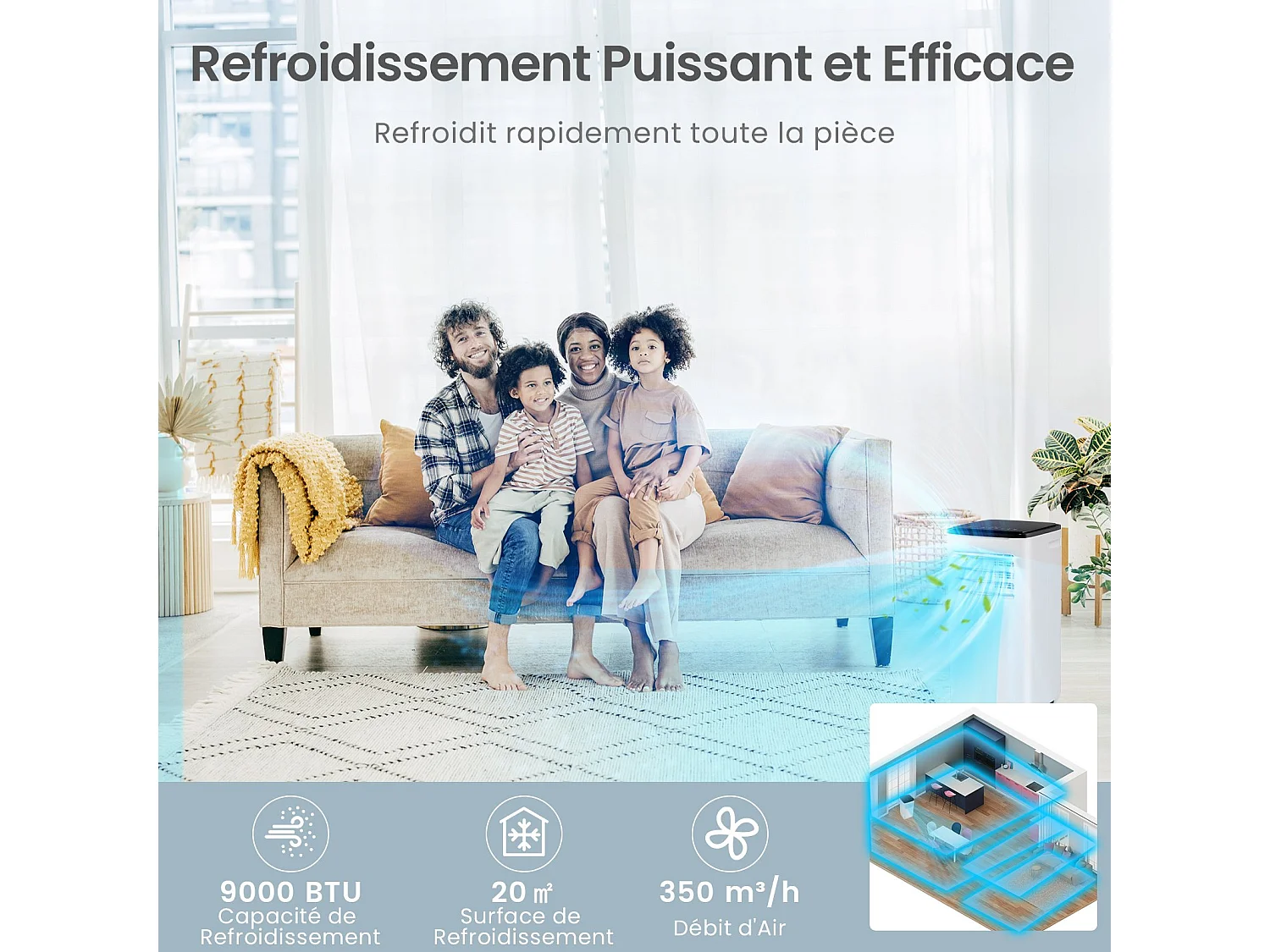 Draagbare airconditioner van 9000 BTU met ventilator, verwarming en luchtontvochtiger, app-bediening, slaapstand, 24-uurs timer