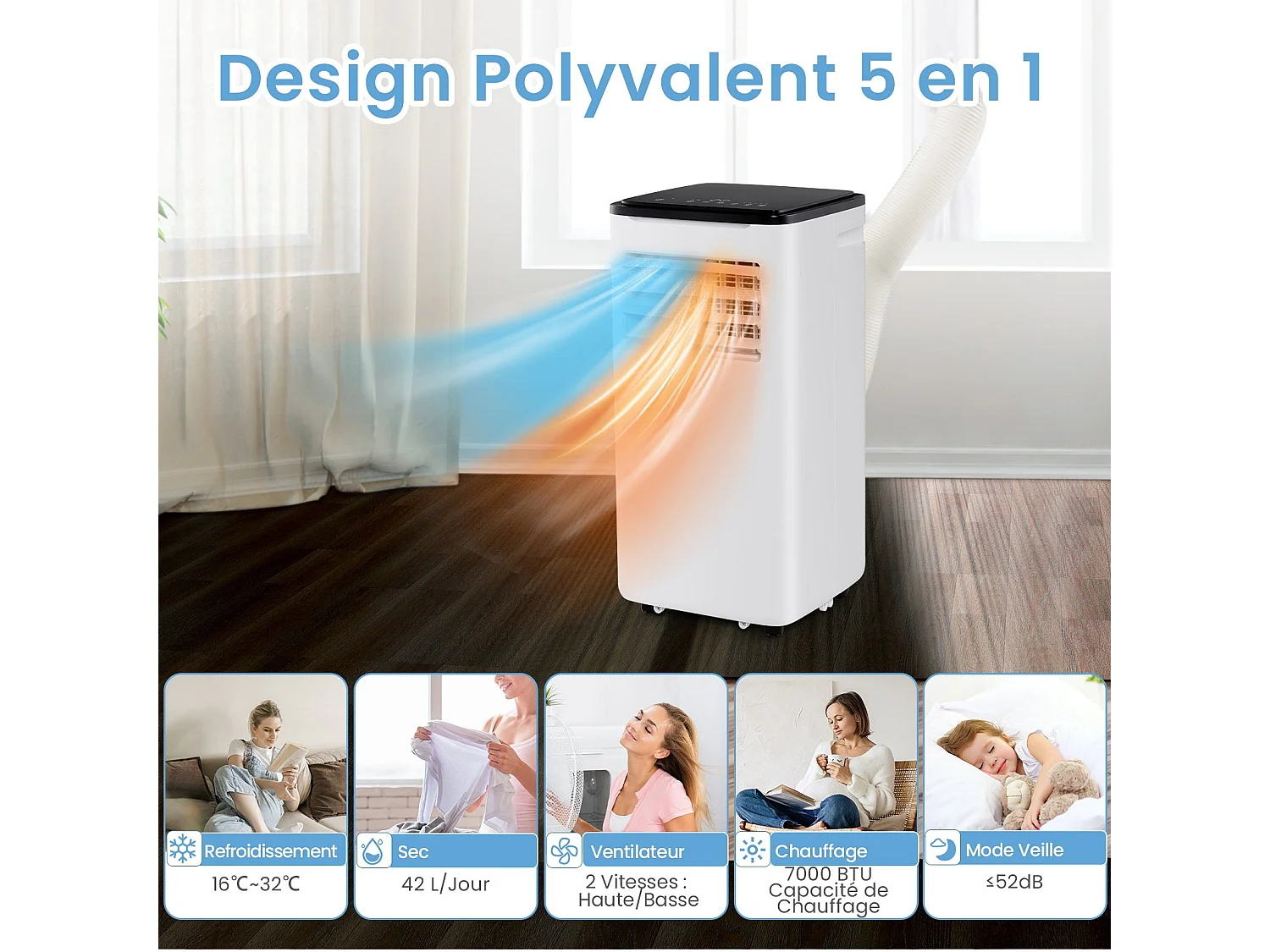 Draagbare airconditioner van 9000 BTU met ventilator, verwarming en luchtontvochtiger, app-bediening, slaapstand, 24-uurs timer