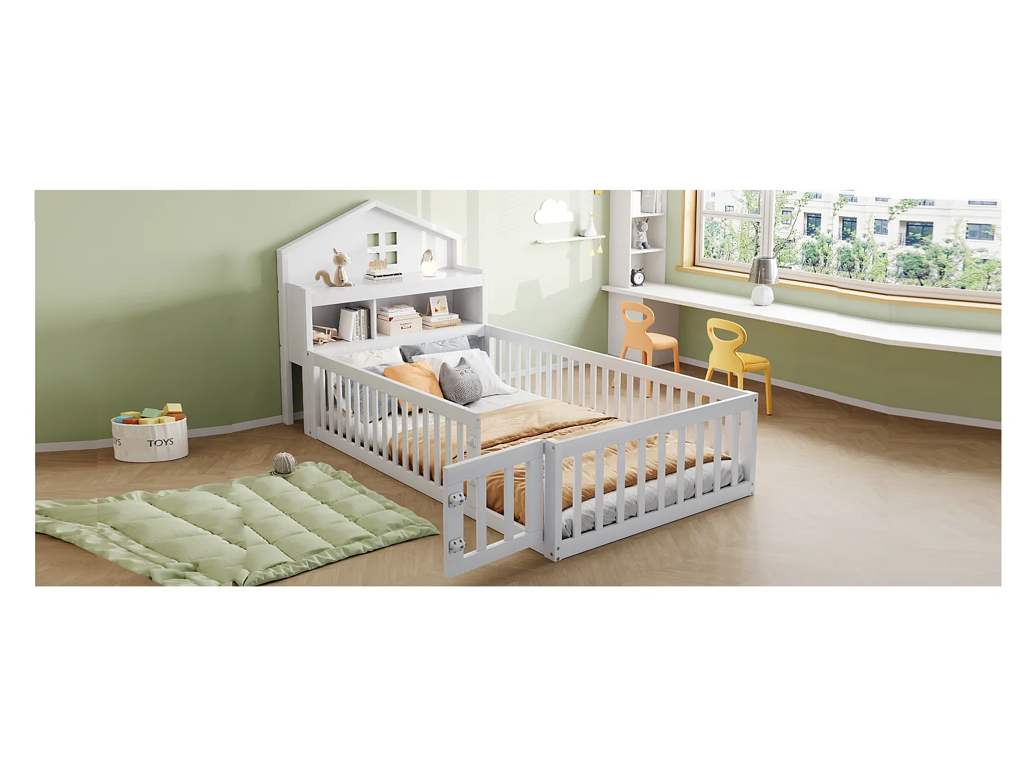 Łóżko dziecięce - 90 x 200 - z barierką zabezpieczającą + schowkiem + drzwiami + listwą przypodłogową - Sosna + sklejka + MDF - białe