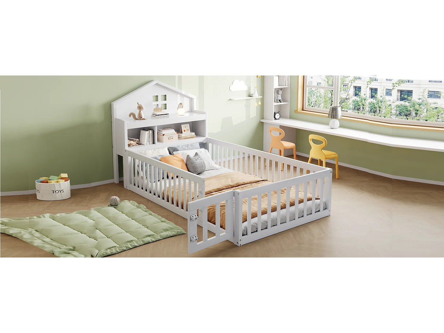 Kinderbed - 90 x 200 - met uitvalbeveiliging + opbergruimte + deur + schilderijlijst - grenen + multiplex + MDF - wit