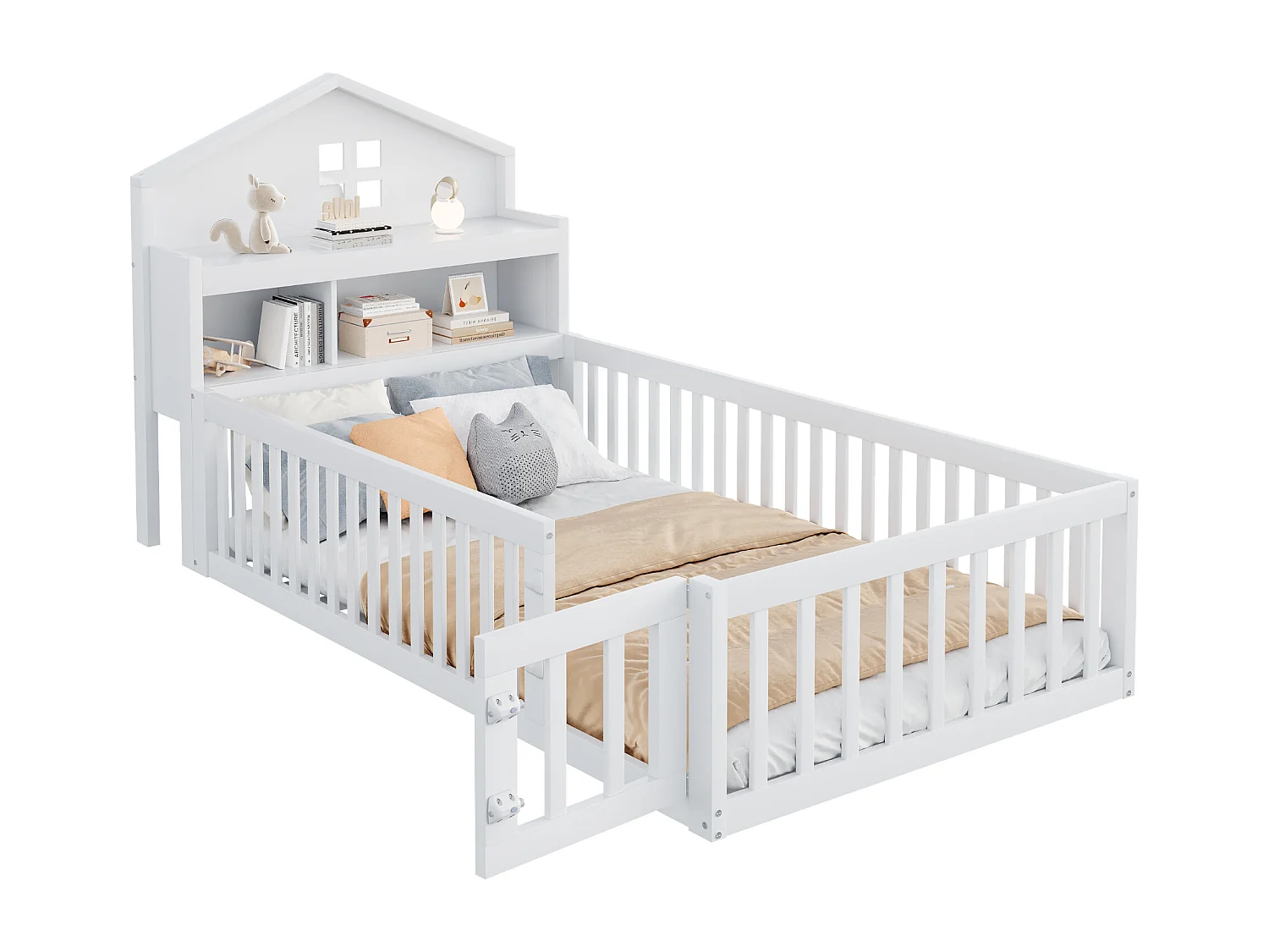 Kinderbed - 90 x 200 - met uitvalbeveiliging + opbergruimte + deur + schilderijlijst - grenen + multiplex + MDF - wit