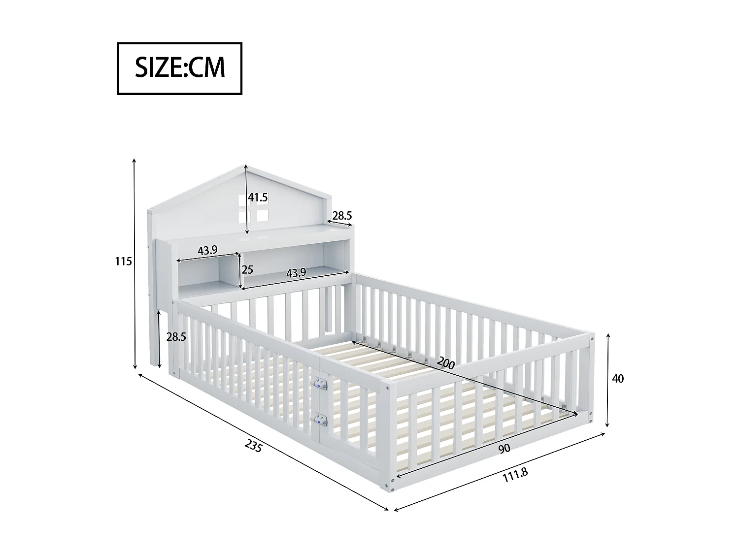 Kinderbed - 90 x 200 - met uitvalbeveiliging + opbergruimte + deur + schilderijlijst - grenen + multiplex + MDF - wit