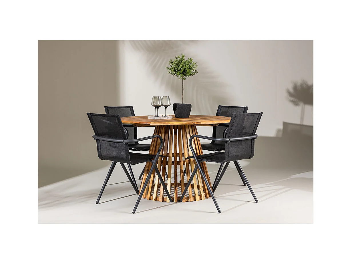 Lumpur set de jardin table Ø120cm naturel, 4 chaises noires.