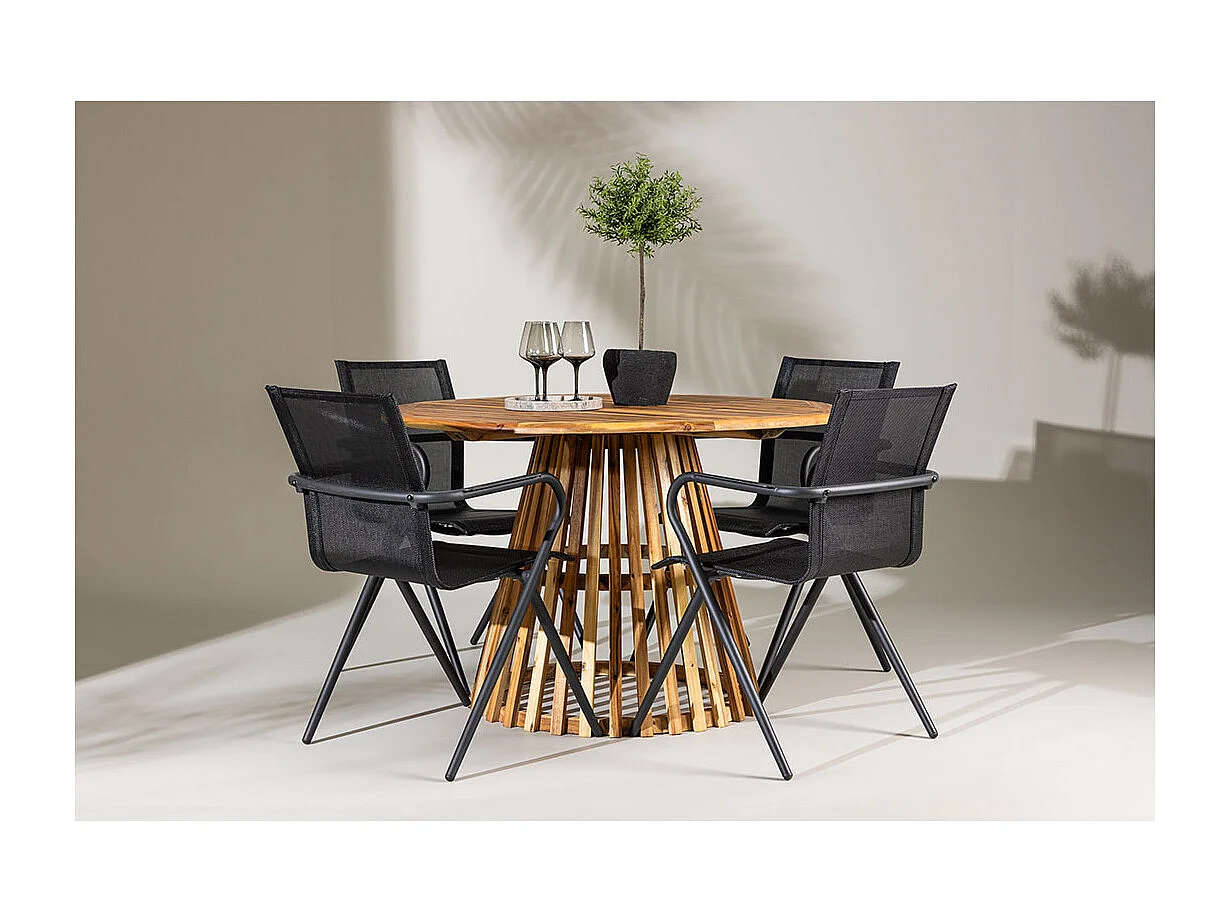 Lumpur set de jardin table Ø120cm naturel, 4 chaises noires.