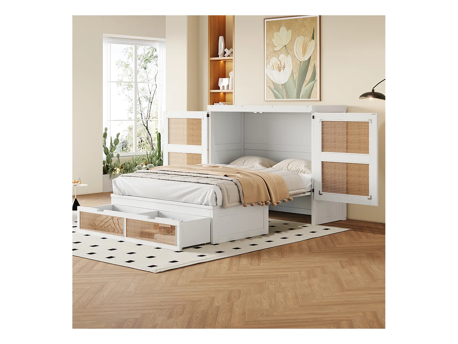 Lit escamotable pour jeunes - 140 x 200 cm - lit rabattable mural avec tiroirs de rangement - Pin + contreplaqué + MDF - blanc