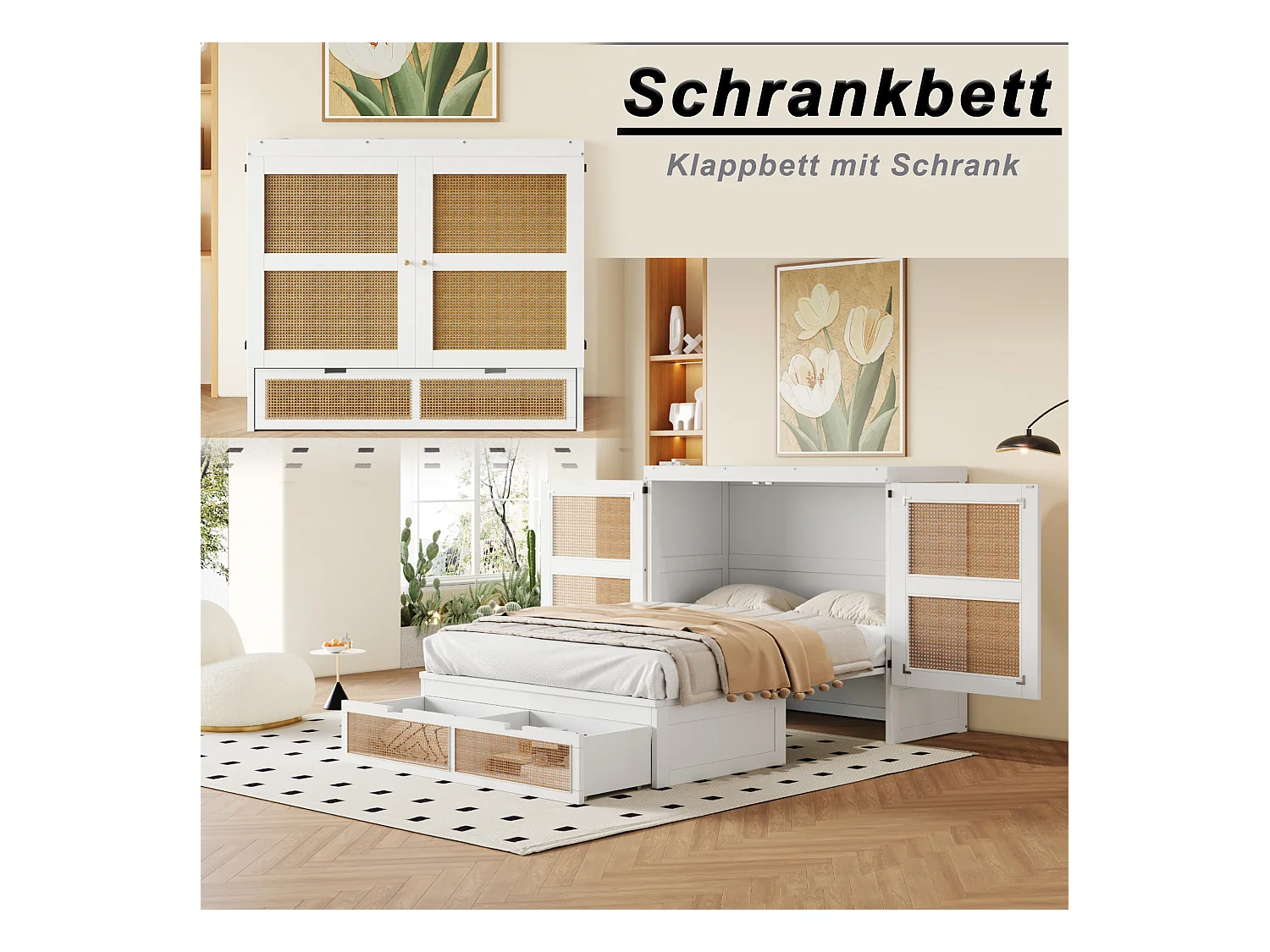 Lit escamotable pour jeunes - 140 x 200 cm - lit rabattable mural avec tiroirs de rangement - Pin + contreplaqué + MDF - blanc