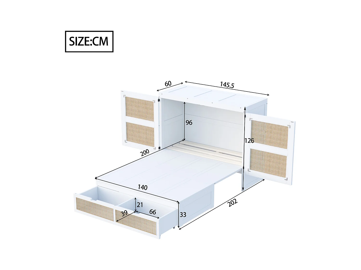 Lit escamotable pour jeunes - 140 x 200 cm - lit rabattable mural avec tiroirs de rangement - Pin + contreplaqué + MDF - blanc