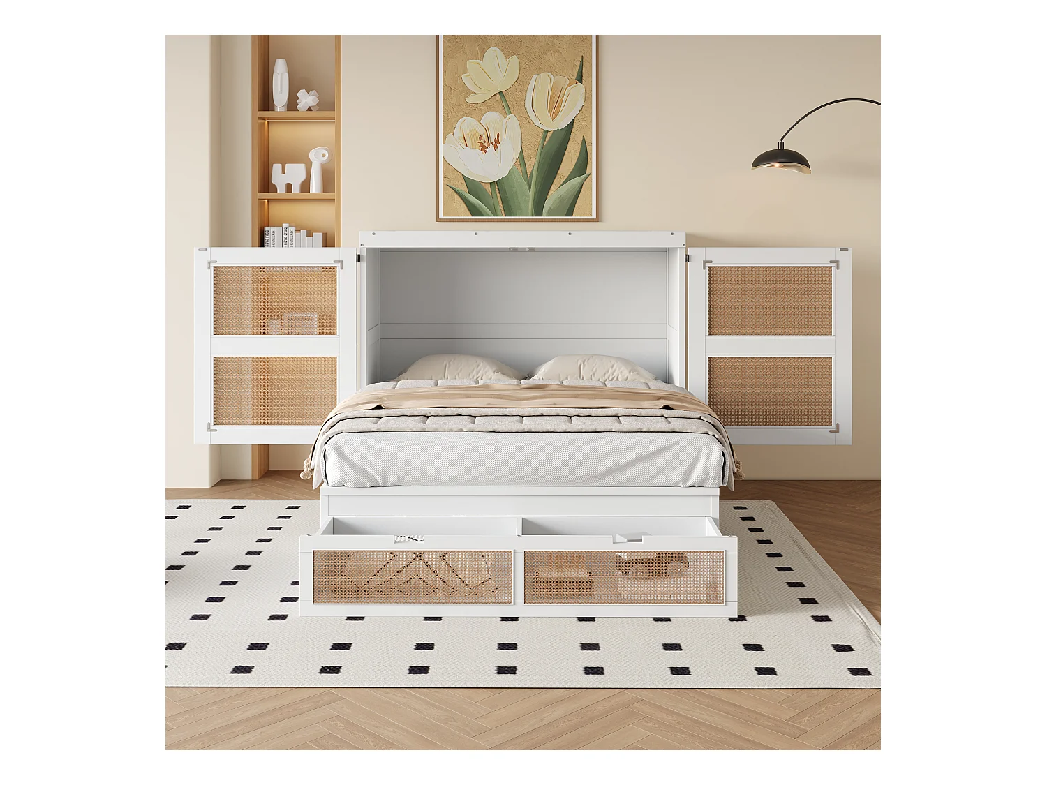 Lit escamotable pour jeunes - 140 x 200 cm - lit rabattable mural avec tiroirs de rangement - Pin + contreplaqué + MDF - blanc