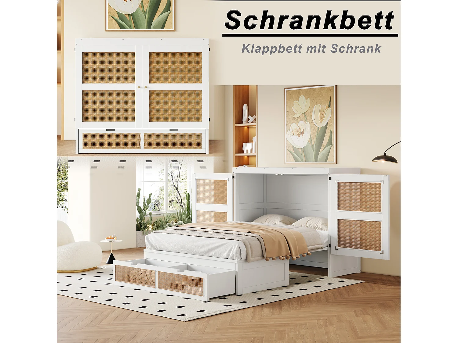 Lit escamotable pour jeunes - 140 x 200 cm - lit rabattable mural avec tiroirs de rangement - Pin + contreplaqué + MDF - blanc