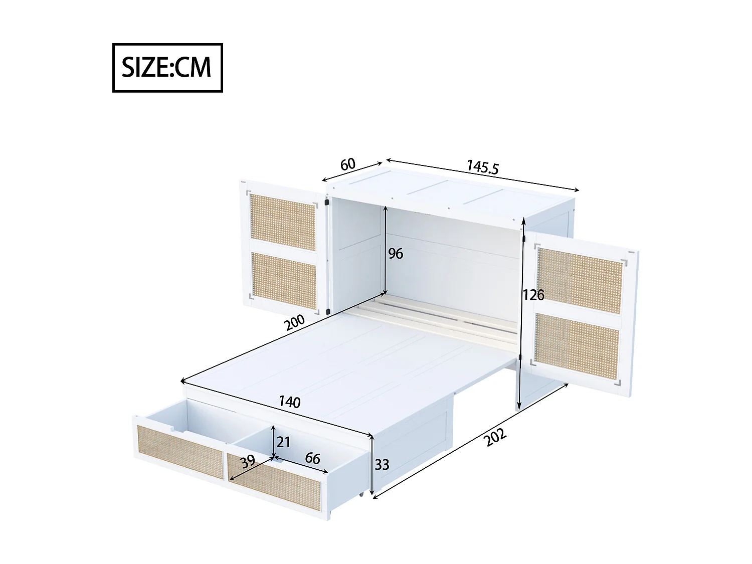 Lit escamotable pour jeunes - 140 x 200 cm - lit rabattable mural avec tiroirs de rangement - Pin + contreplaqué + MDF - blanc